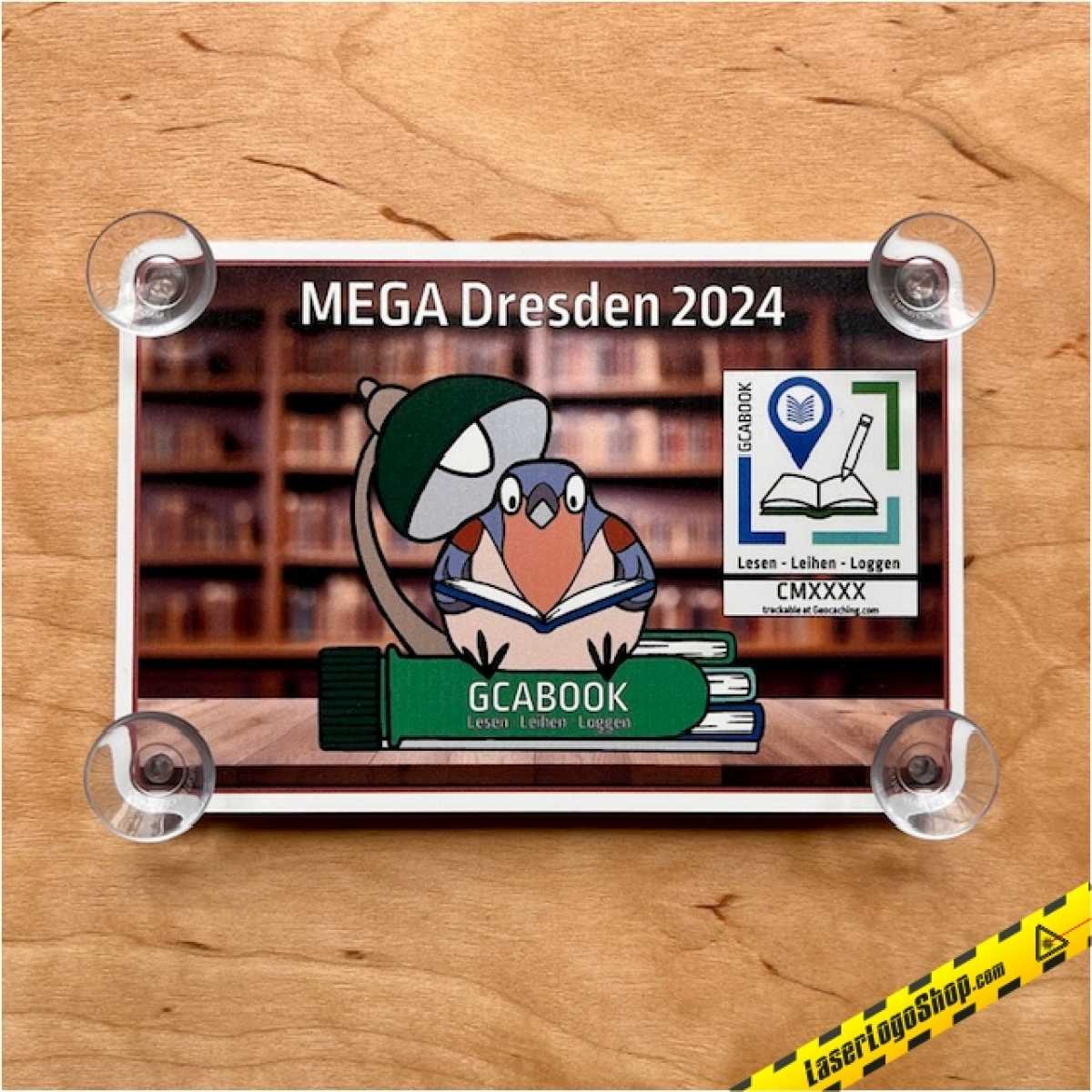 Saugnapfschild - "GCAB00K - Lesen - Leihen - Loggen - MEGA in Dresden 2024"